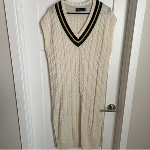 Ralph Lauren cable knit sweater dress midi cream navy green size medium NWOT